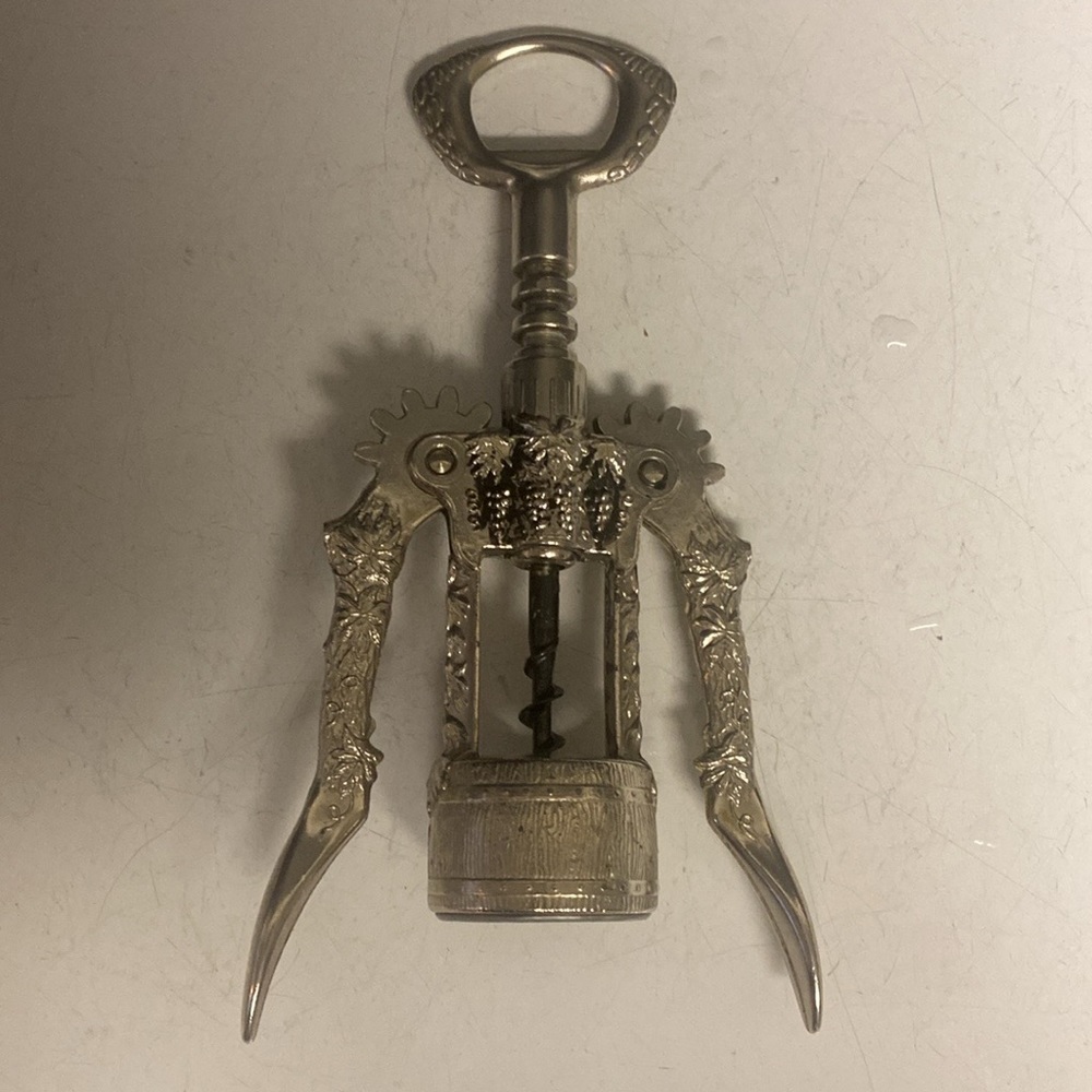 Beverage Factory Silver Grape Design Wing Corkscrew - Auger Worm Wine Opener